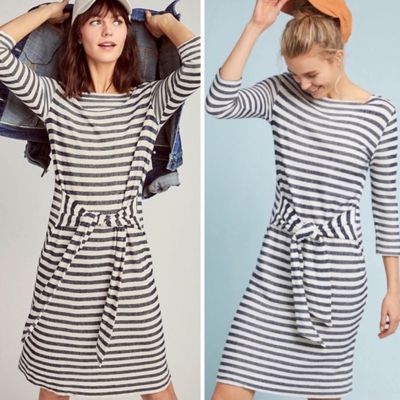 Anthropologie Dresses & Skirts - Anthropologie T.la Becky Charcoal/Cream Striped Front Tie Midi Dress XS NWT